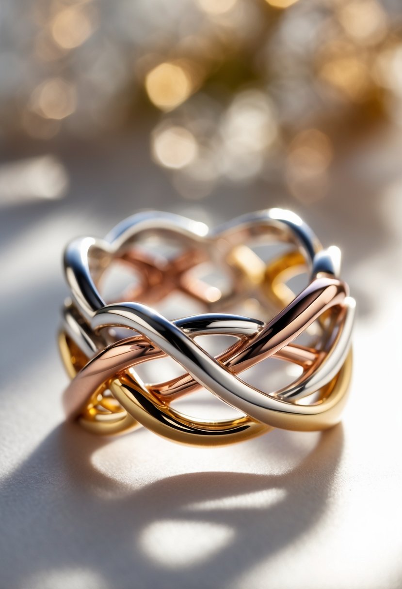 Close-up of a statement ring made by combining metals from multiple old wedding rings, displayed on a smooth surface.