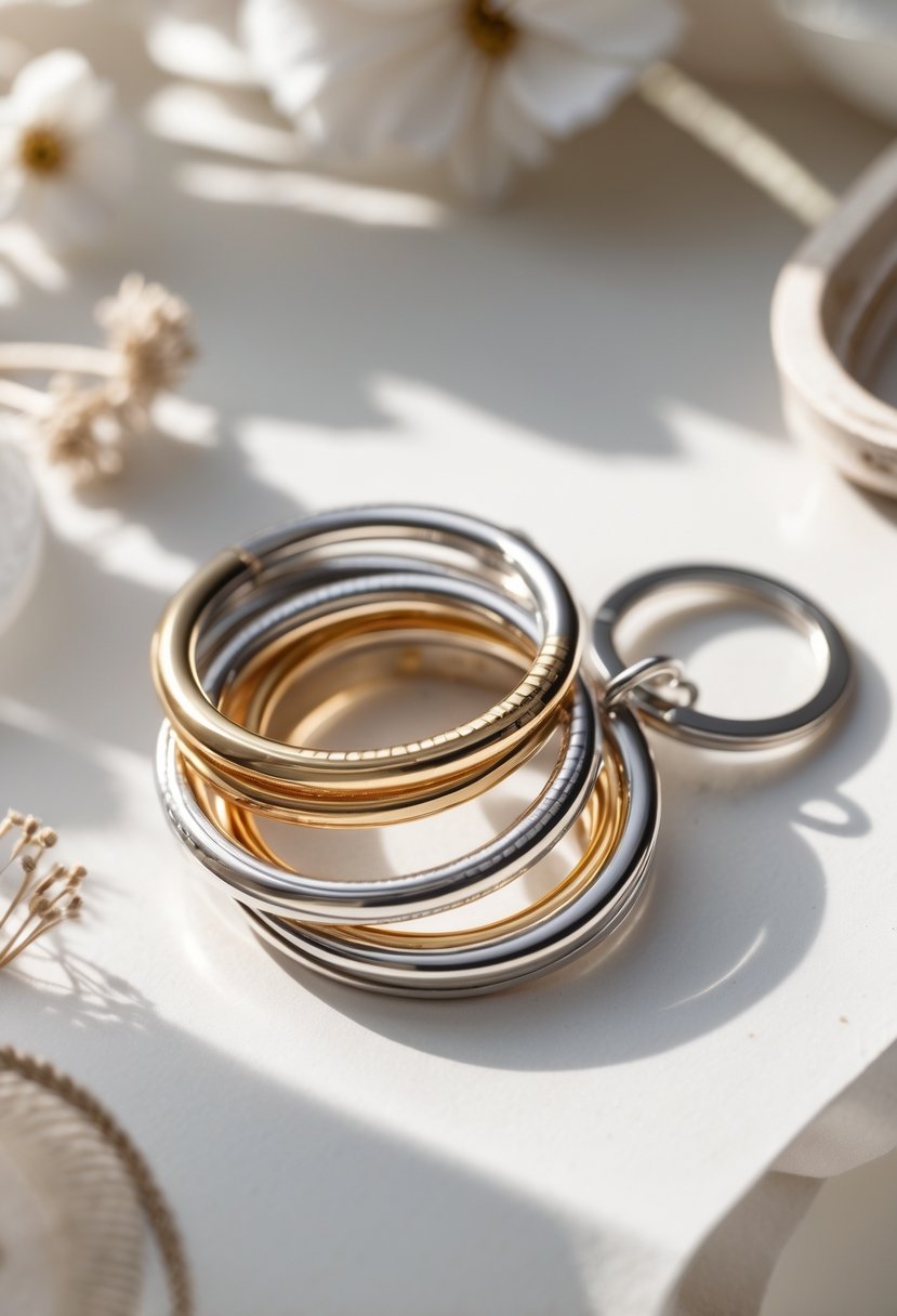 A close-up of a stylish keychain charm made from repurposed wedding rings on a neutral background.