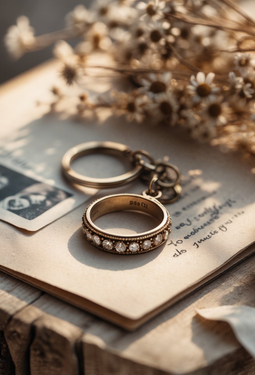 A close-up of a keychain made from an old wedding ring resting on a wooden surface with dried flowers and a faded photograph nearby.