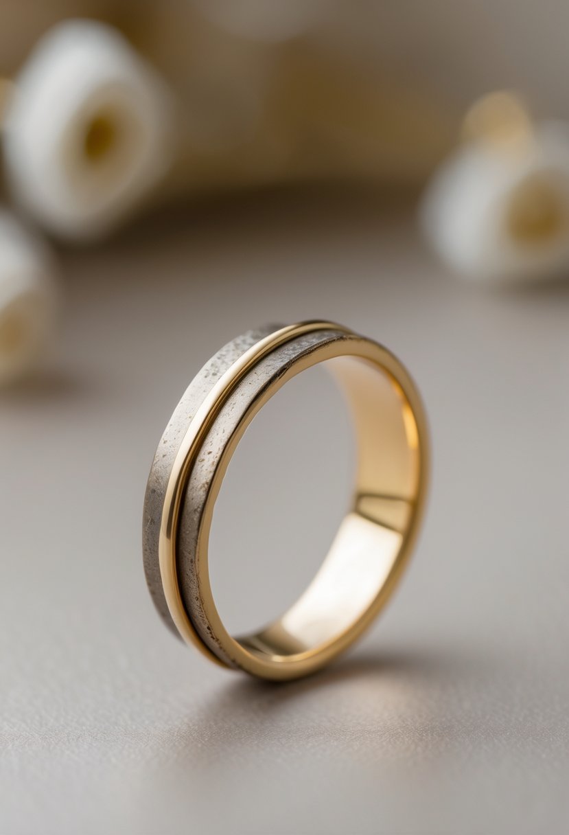 A close-up of a minimalist wedding band with old gold accents resting on a smooth surface.