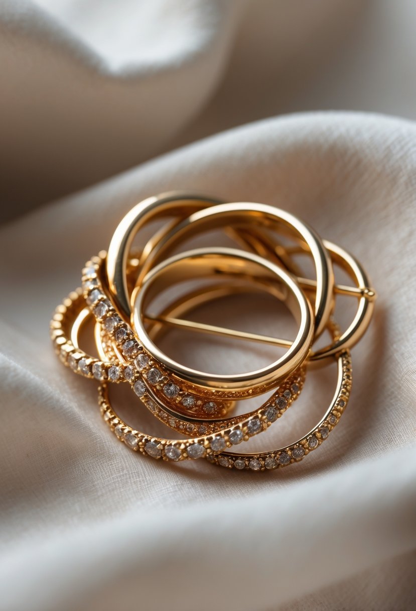 Close-up of a custom gold brooch made from old wedding rings placed on a soft fabric background.