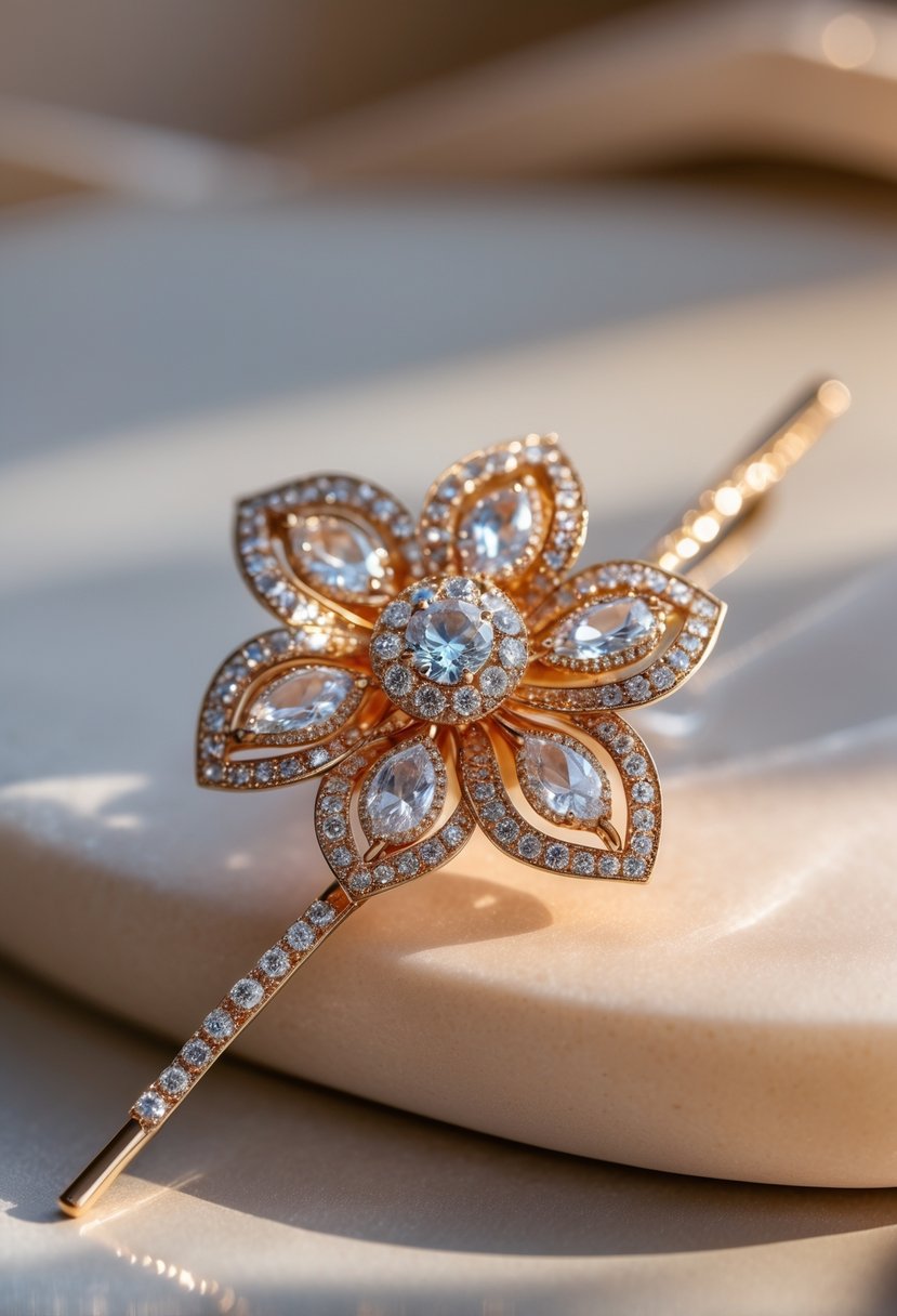 Close-up of a custom hairpin adorned with gemstones made from an old wedding ring placed on a smooth surface.
