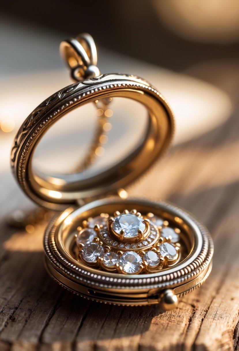 Close-up of an open memory locket holding sparkling stones from a wedding ring on a wooden surface.