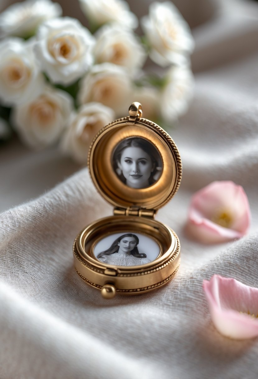 A gold ring opened as a locket showing a tiny photo inside, placed on soft fabric with white flowers nearby.