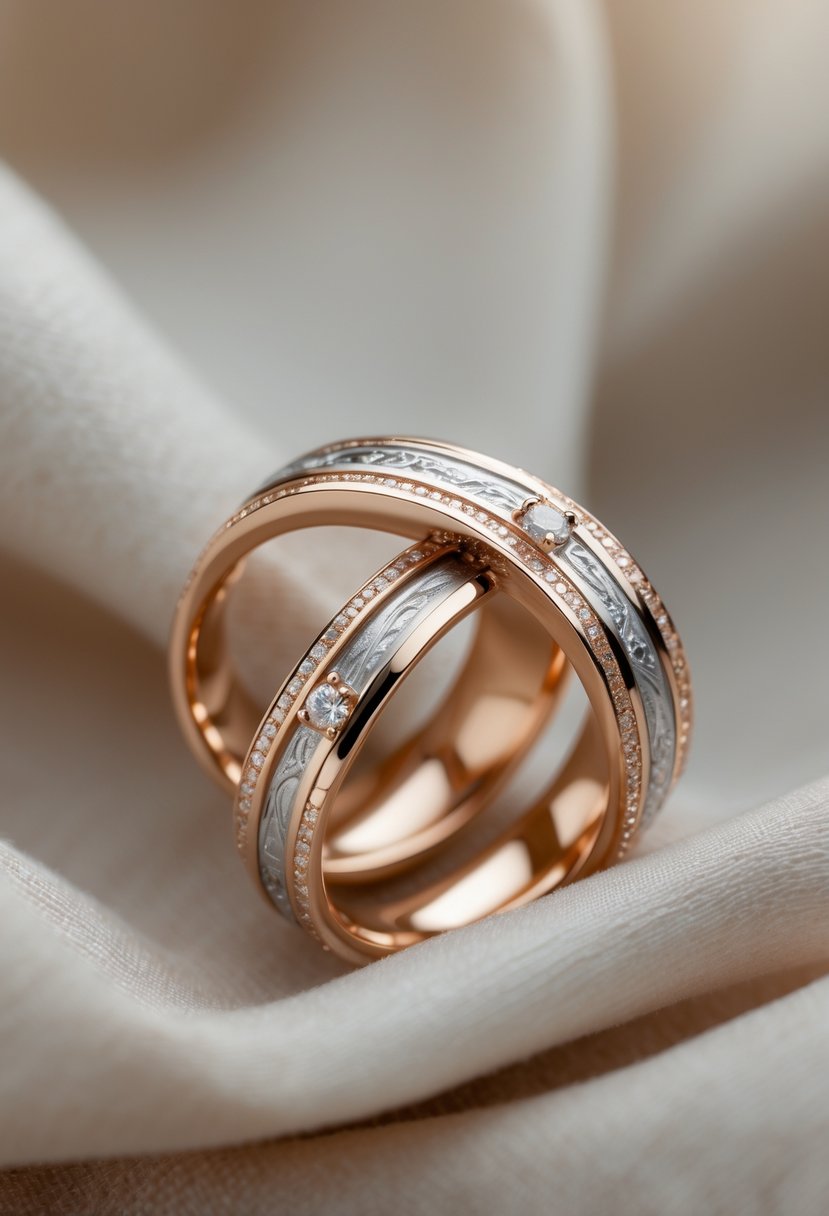 A close-up of two wedding rings blended into one unique design resting on soft fabric.