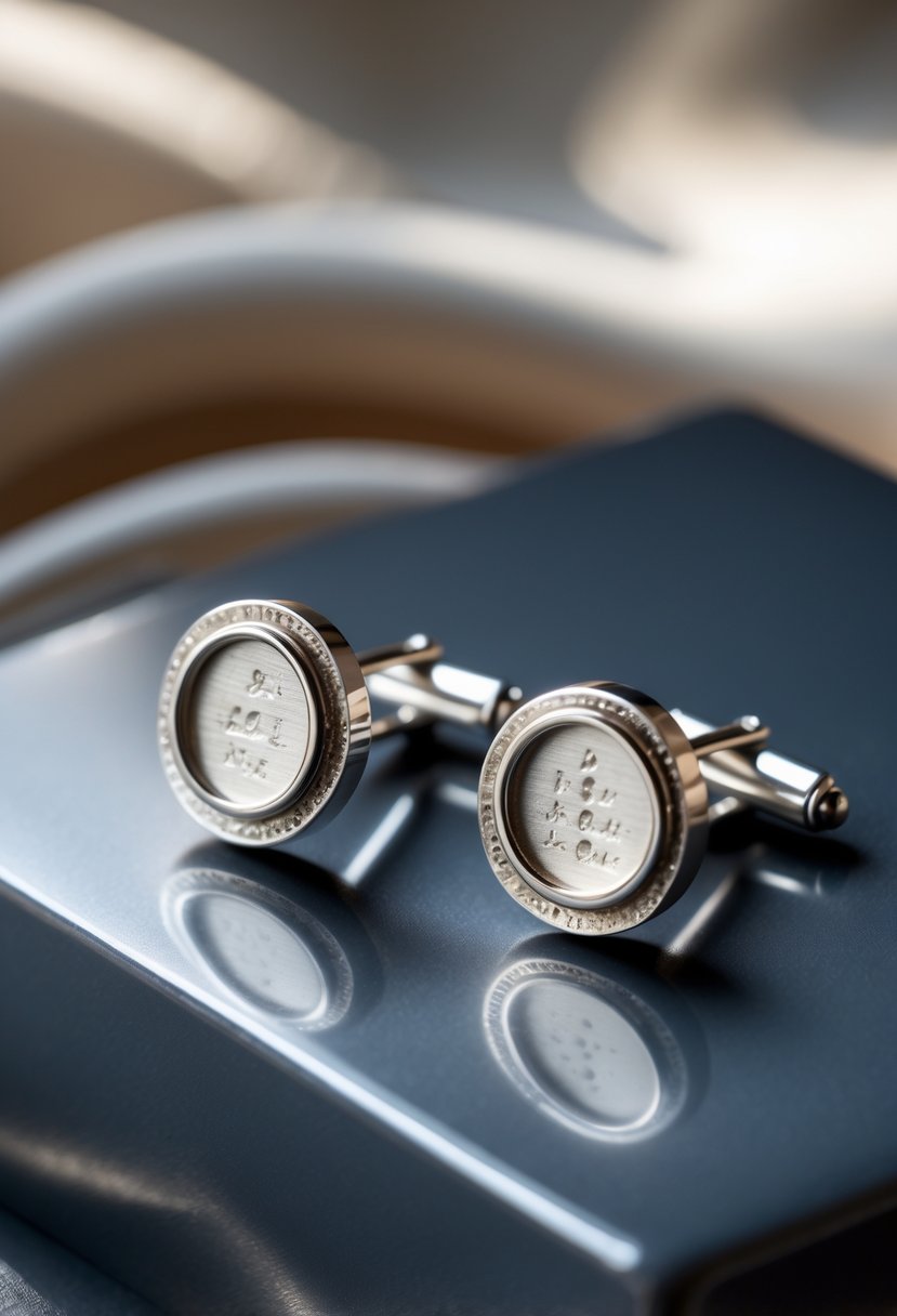 A pair of silver cufflinks made from old wedding rings resting on a dark surface.