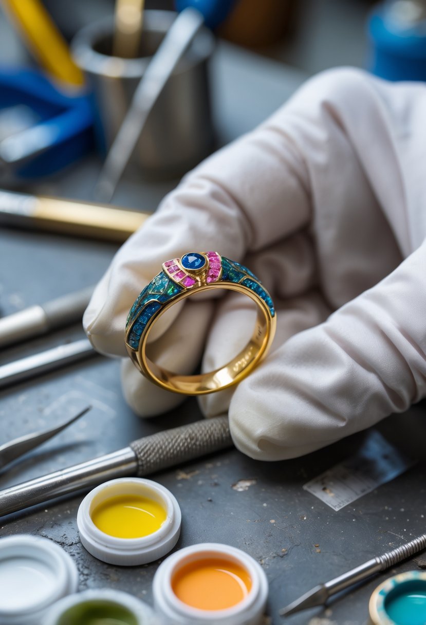 Close-up of a person holding an old wedding ring with colorful enamel detail being applied on a jeweler's workbench.