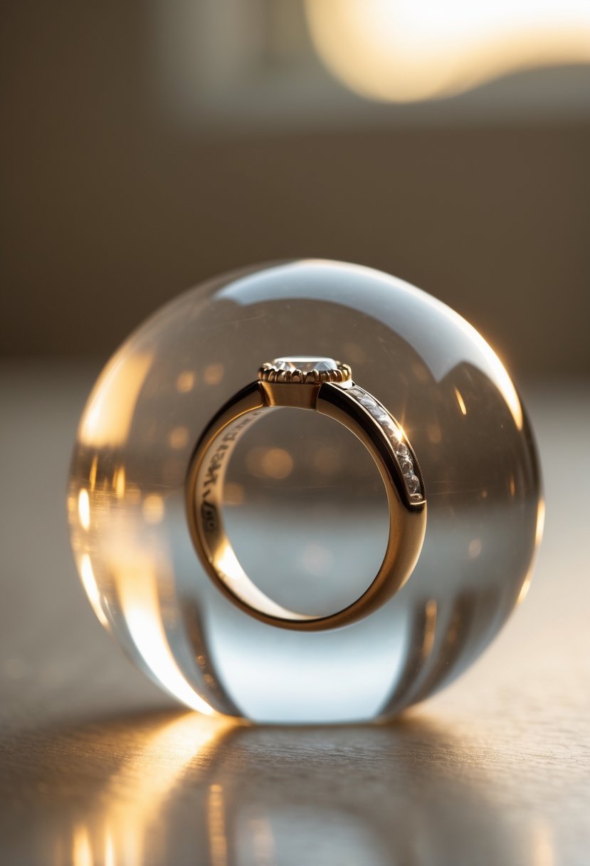 A clear glass paperweight with an old wedding ring embedded inside, placed on a softly blurred surface.