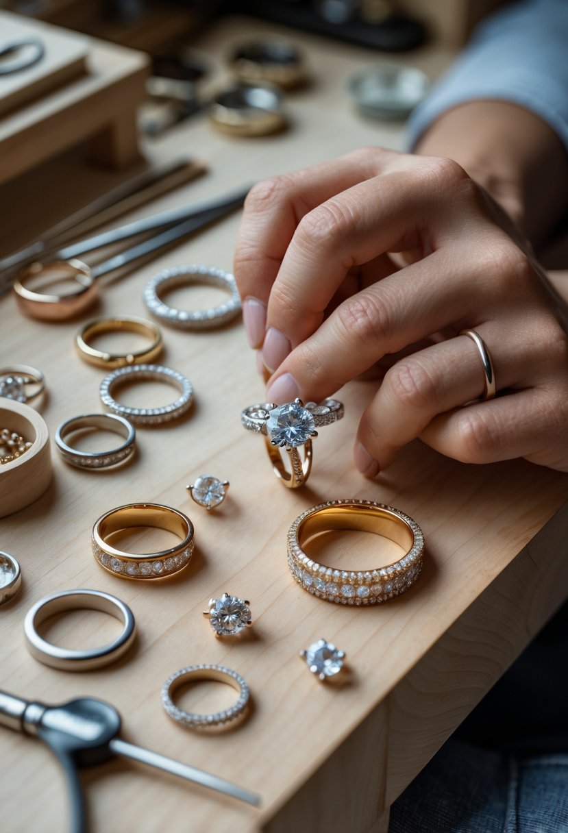 Hands resetting diamonds into a custom engagement ring with old wedding rings and jeweler's tools on a workbench.