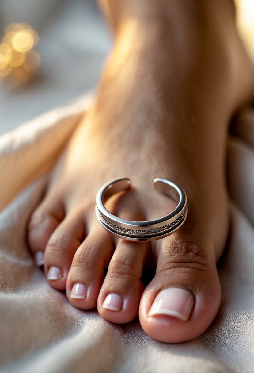 Close-up of a modern toe ring made from an old wedding band worn on a foot.