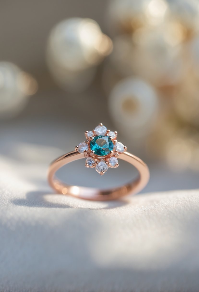 A close-up of a child's birthstone ring with small diamonds on a soft background.