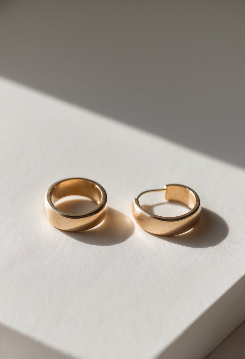 A pair of minimalist stud earrings made from old wedding rings displayed on a neutral background.