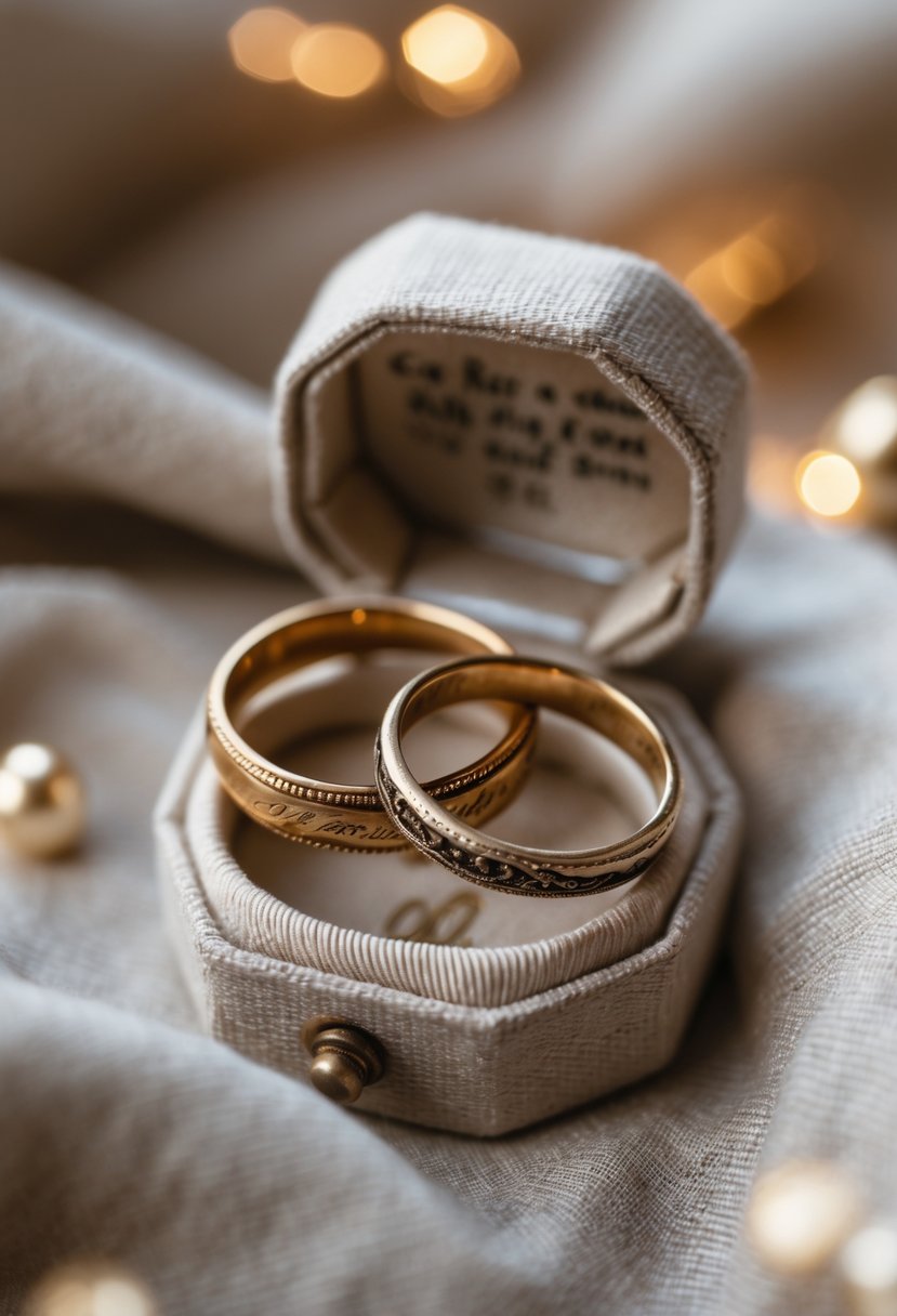Two old wedding rings resting on soft fabric with a small open gift box nearby.