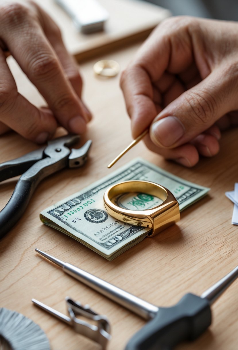 Hands crafting a gold wedding ring into a money clip on a wooden workbench with tools nearby.