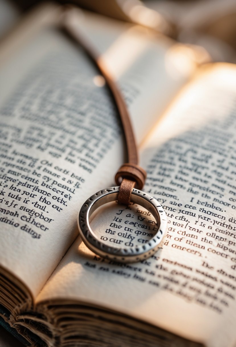 A close-up of a bookmark with a ring-shaped charm made from an old wedding ring resting on an open book.
