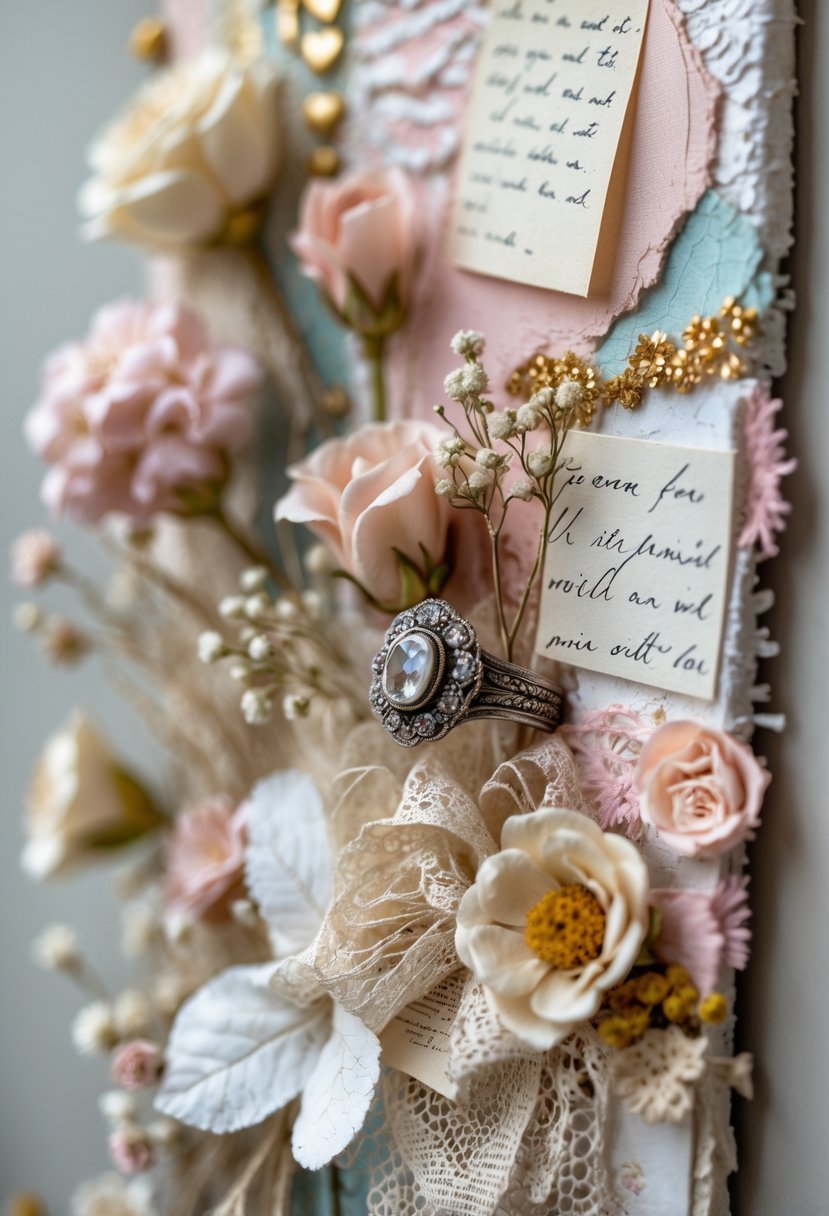 A mixed media wall art piece featuring an old wedding ring surrounded by dried flowers, fabric, and layered paper elements.