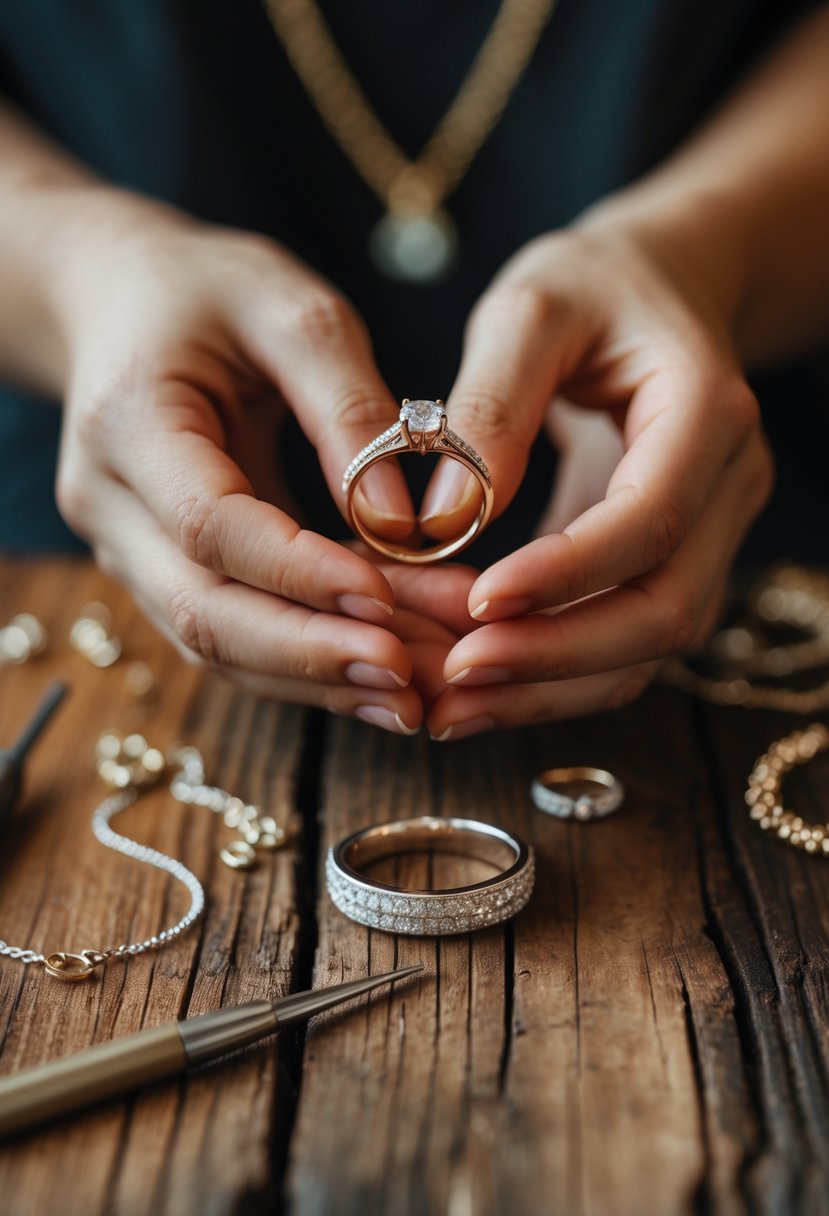 Hands holding an old wedding ring over a table with jewelry tools and repurposed jewelry pieces nearby.