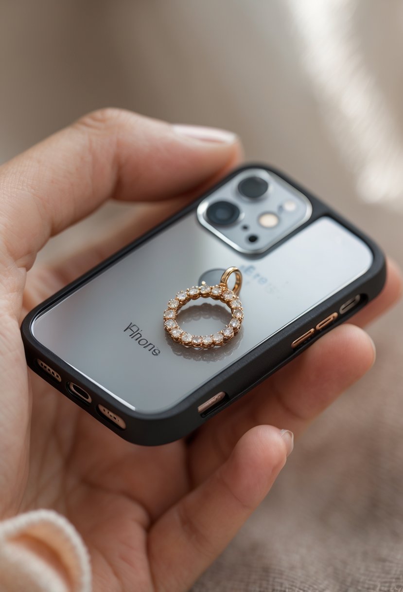 Close-up of a phone case charm made from an old wedding ring attached to a smartphone.