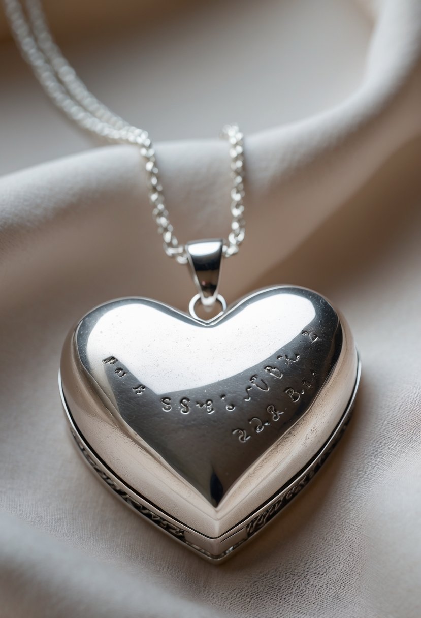 A heart-shaped silver pendant made from old wedding rings on a delicate chain resting on soft fabric.