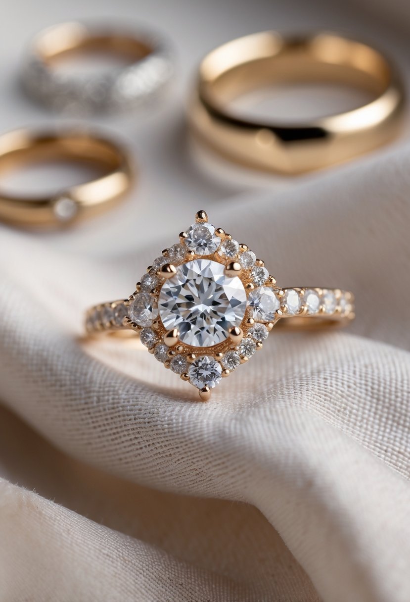 Close-up of a new engagement ring accented with diamonds, with old wedding rings softly blurred in the background.