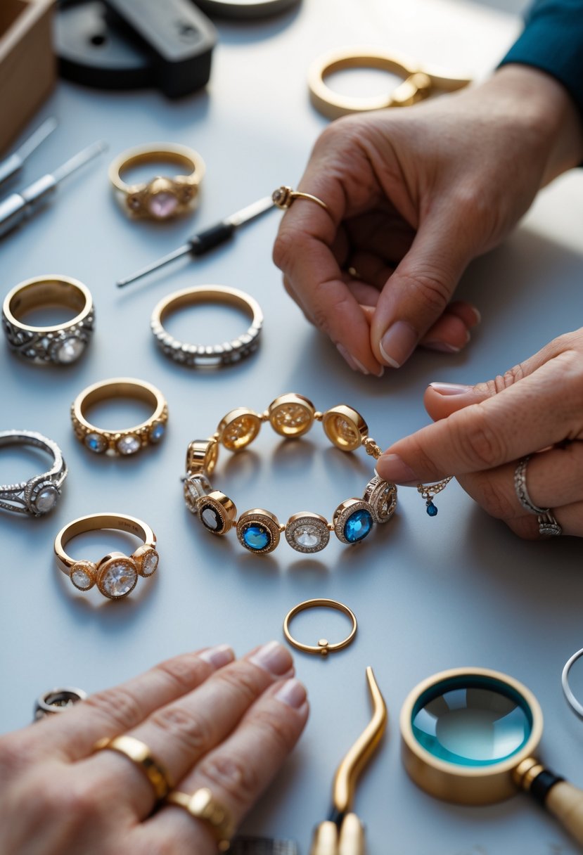 Close-up of hands assembling a custom bracelet using parts from old wedding rings on a jeweler's workbench.