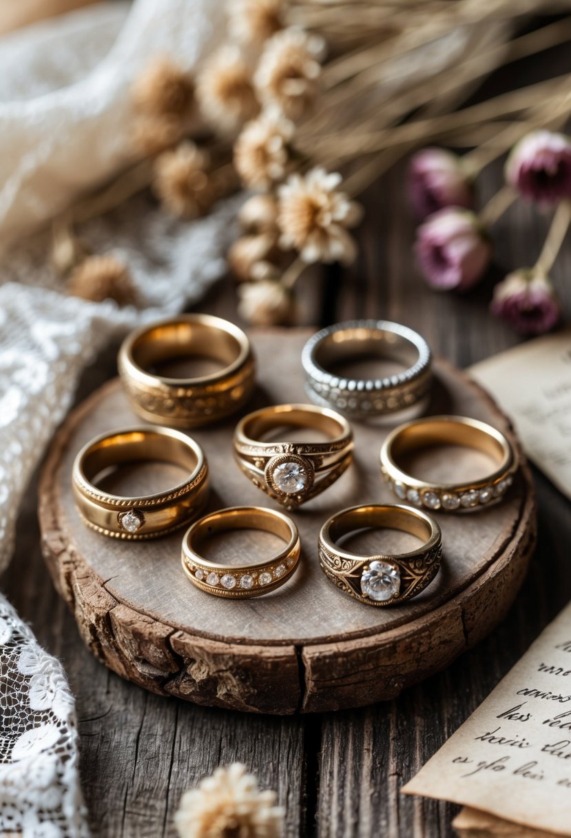 A close-up view of several old wedding rings arranged on a wooden surface with dried flowers and antique lace nearby.