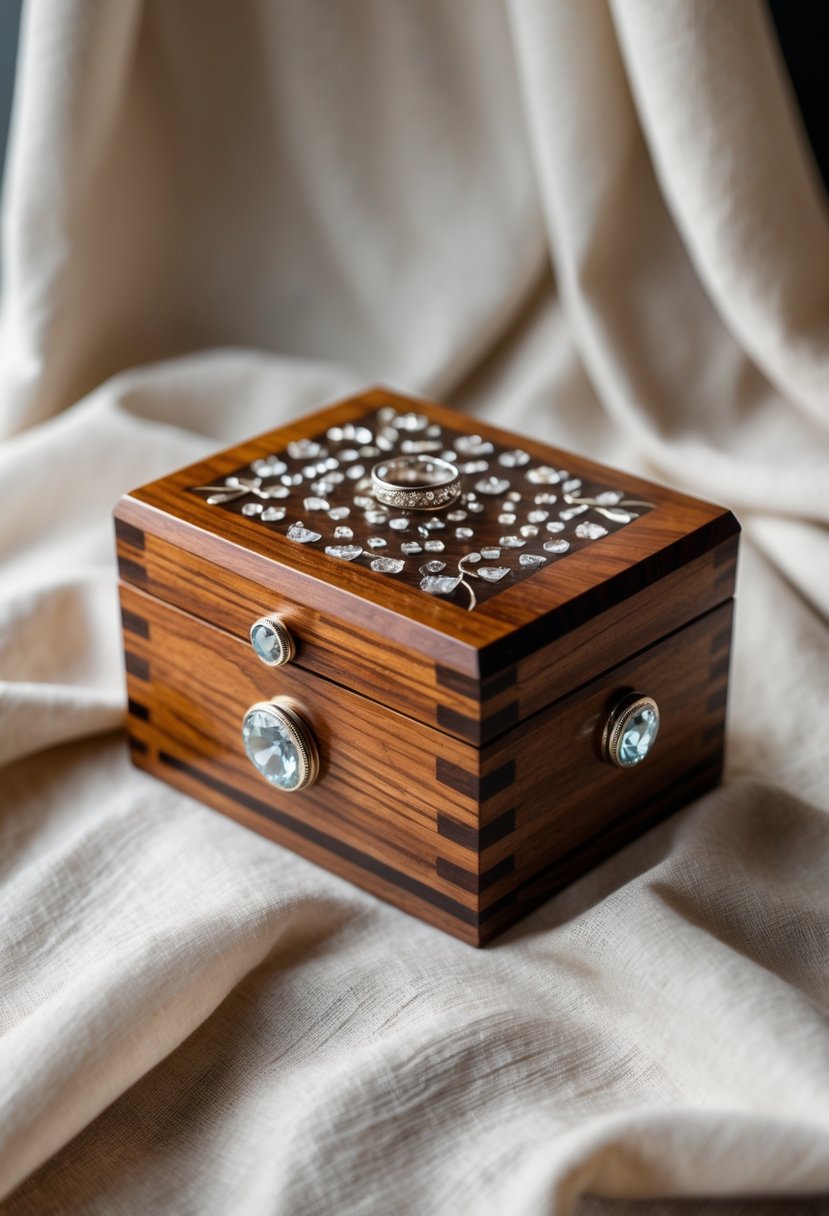 A small wooden keepsake box with metal inlays made from old wedding rings, placed on a soft fabric surface.