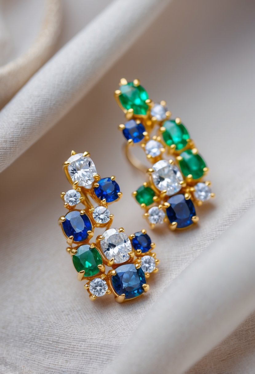 A pair of elegant earrings made from gemstones originally set in old wedding rings, displayed on a soft fabric background.