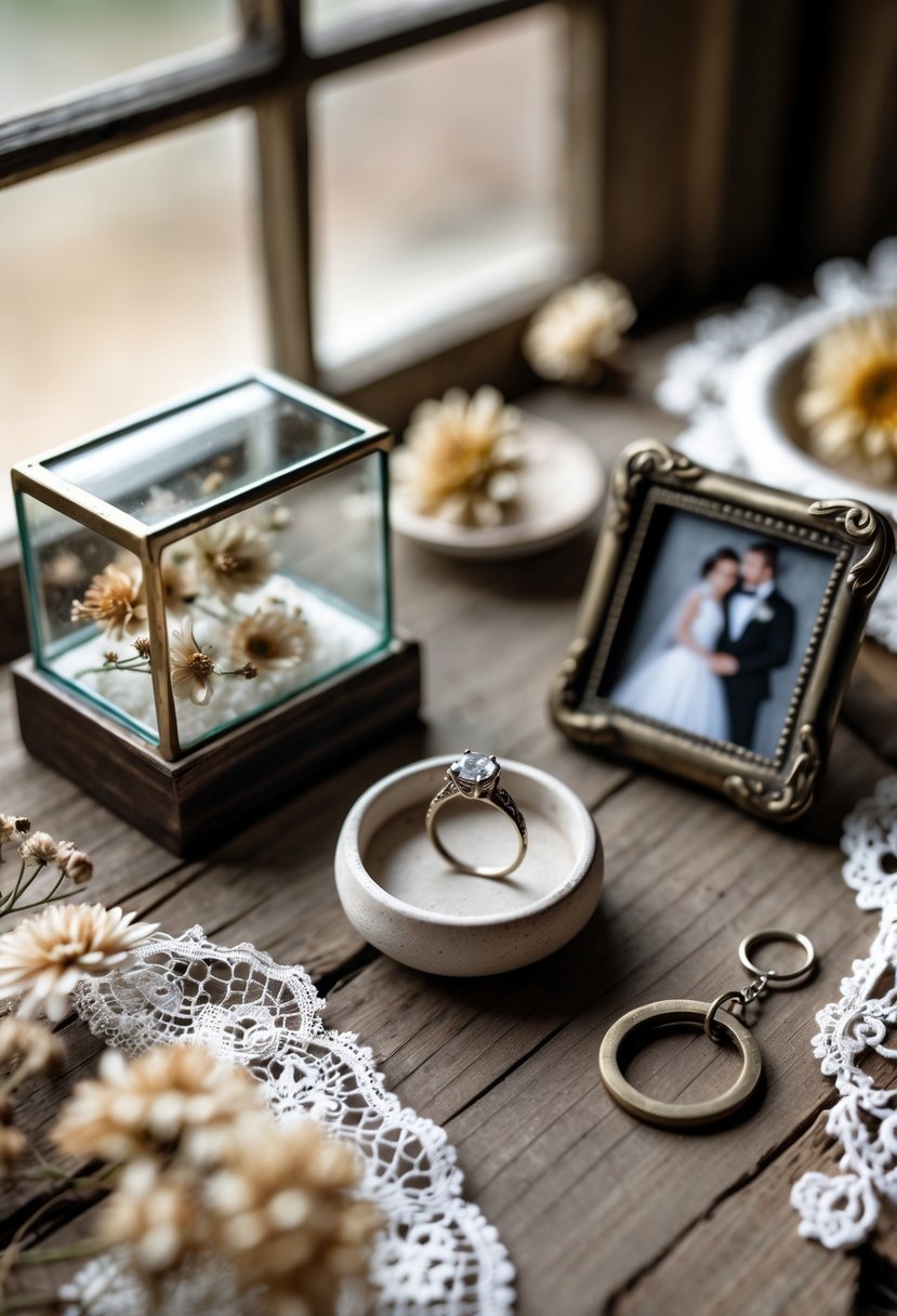 Close-up of old wedding rings creatively displayed as keepsakes on a wooden table with flowers, lace, a photo frame, and handcrafted jewelry items.