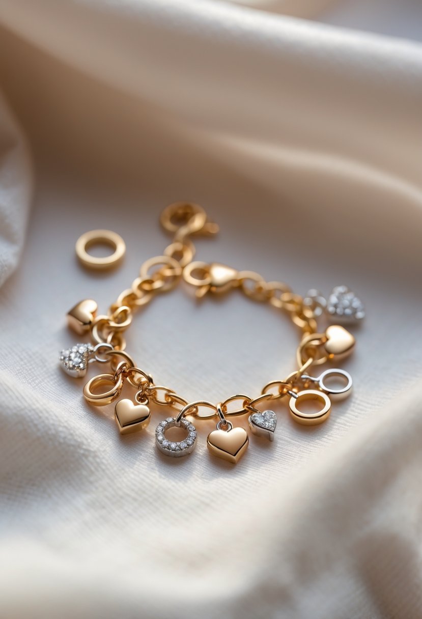 Close-up of a charm bracelet made from parts of old wedding rings resting on soft fabric.