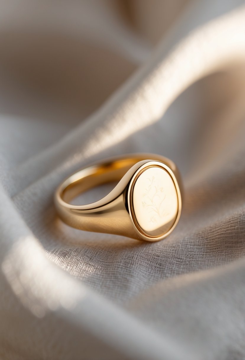 Close-up of a gold signet ring resting on a soft fabric background.