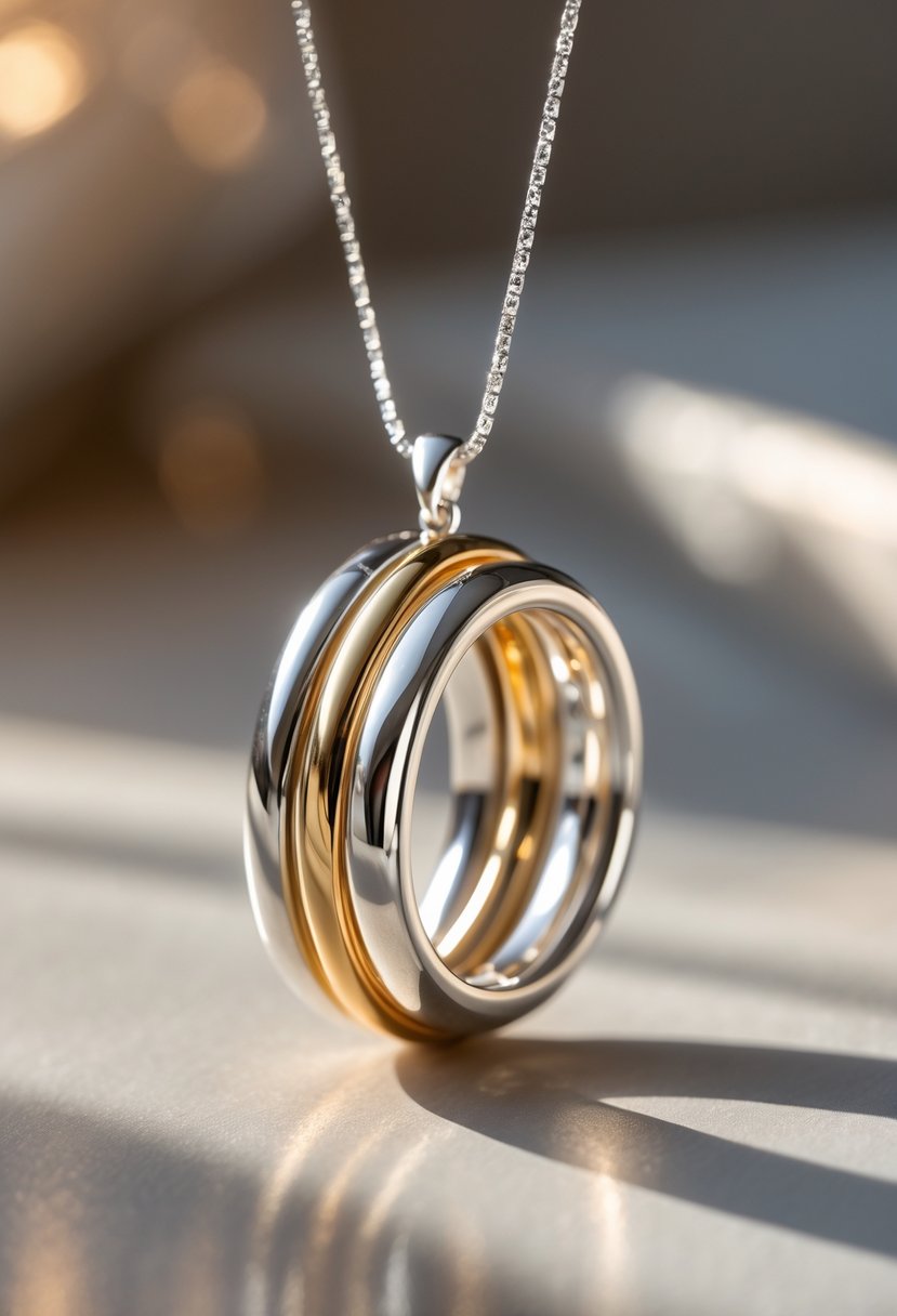 Close-up of a custom pendant necklace made from old wedding rings on a fine chain, displayed on a neutral surface.