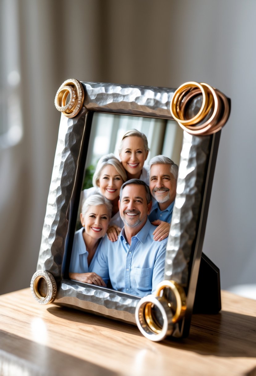 A family photo frame made from ring metal holding a smiling multi-generation family portrait on a wooden surface.