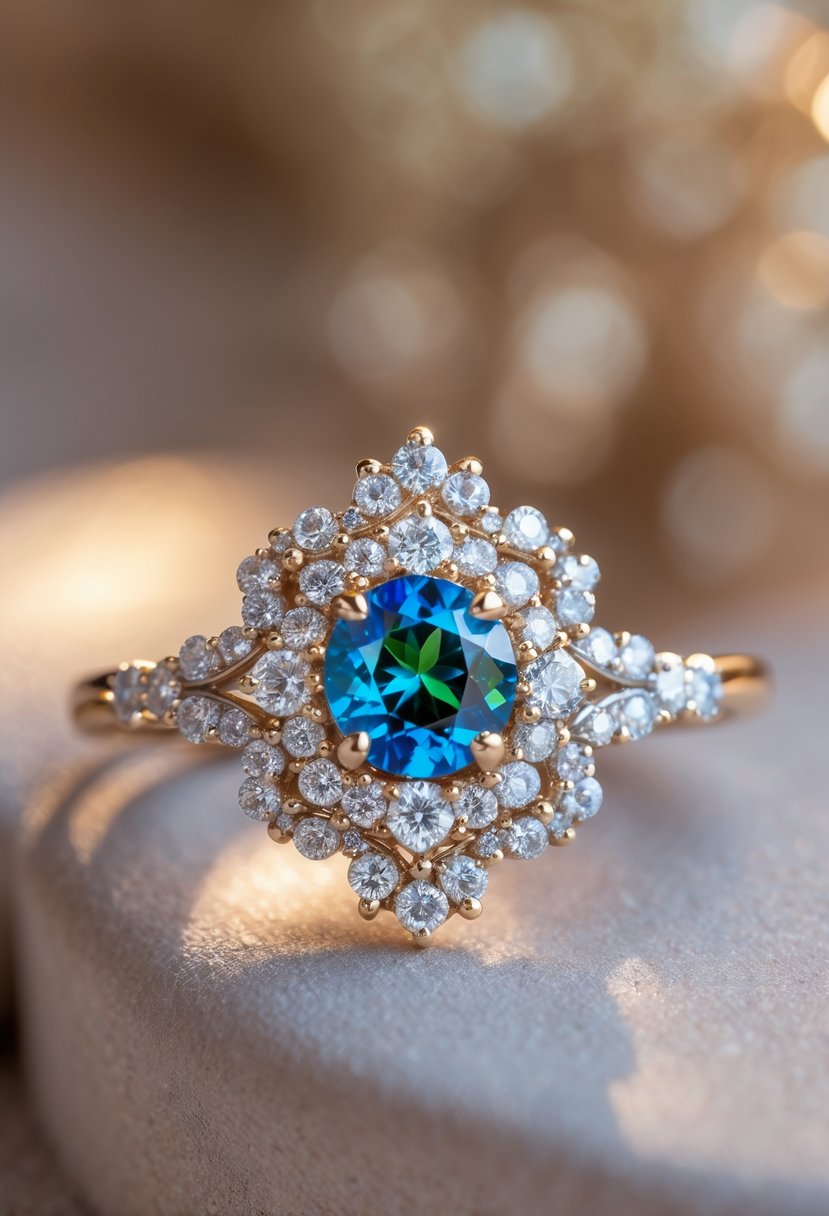 Close-up of a personalized birthstone ring with diamonds set in white gold, resting on a neutral surface.