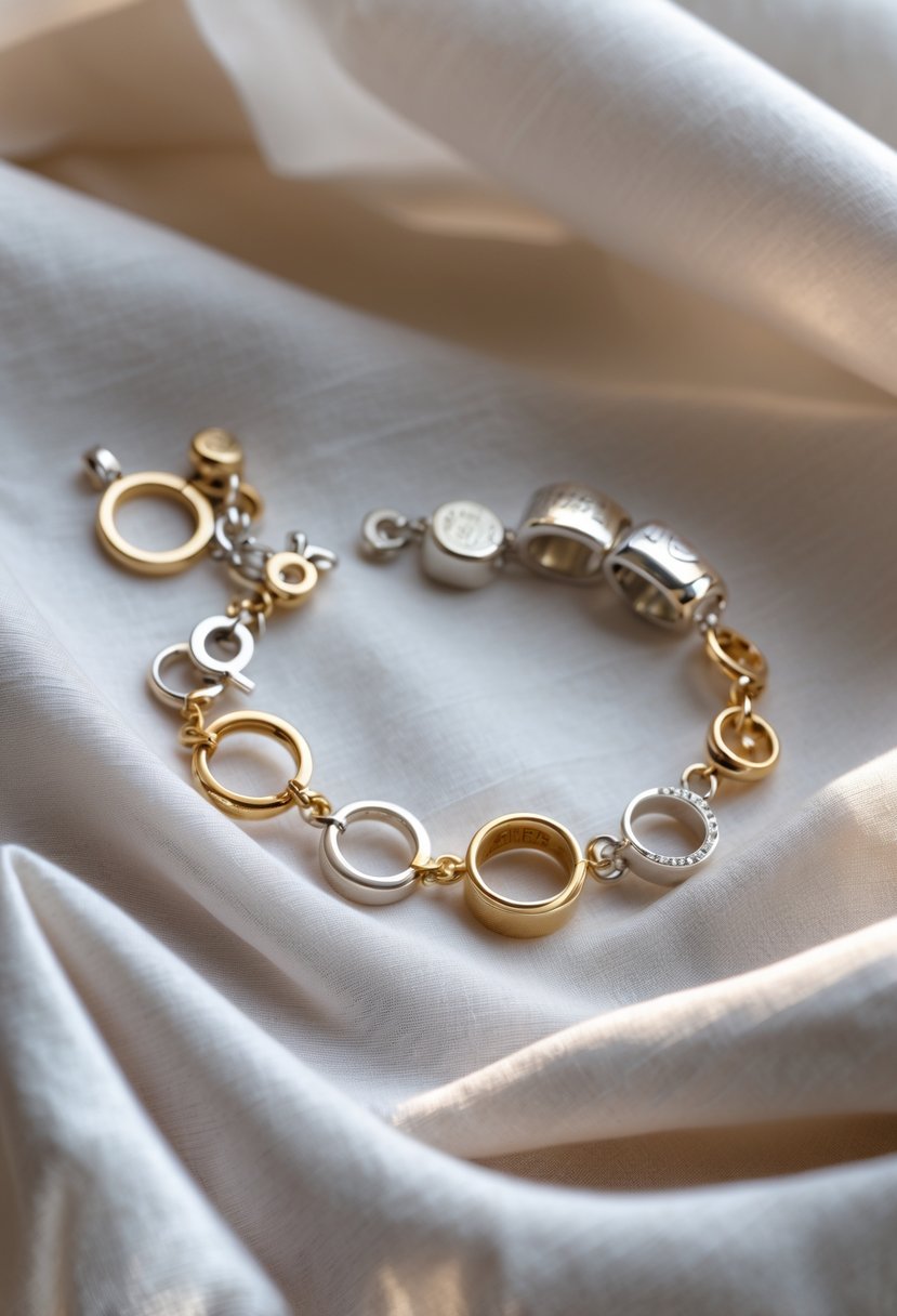 Close-up of a charm bracelet made from linked ring segments resting on a soft fabric background.