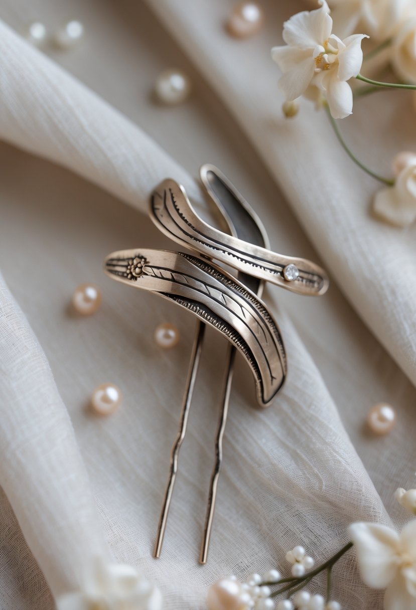 A close-up of a delicate hairpin made from a transformed old wedding ring, resting on soft fabric with small decorative accents around it.