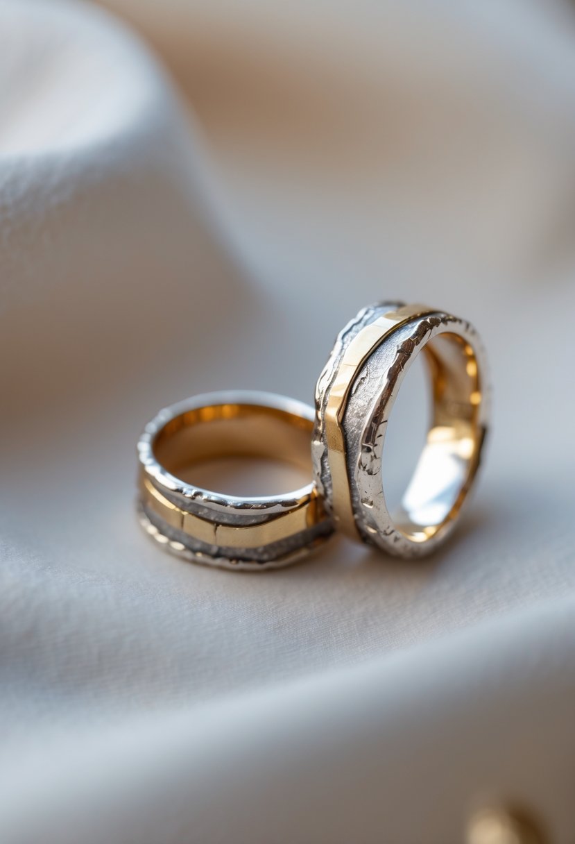 Close-up of a pair of earrings made from melted old wedding rings displayed on a soft fabric background.