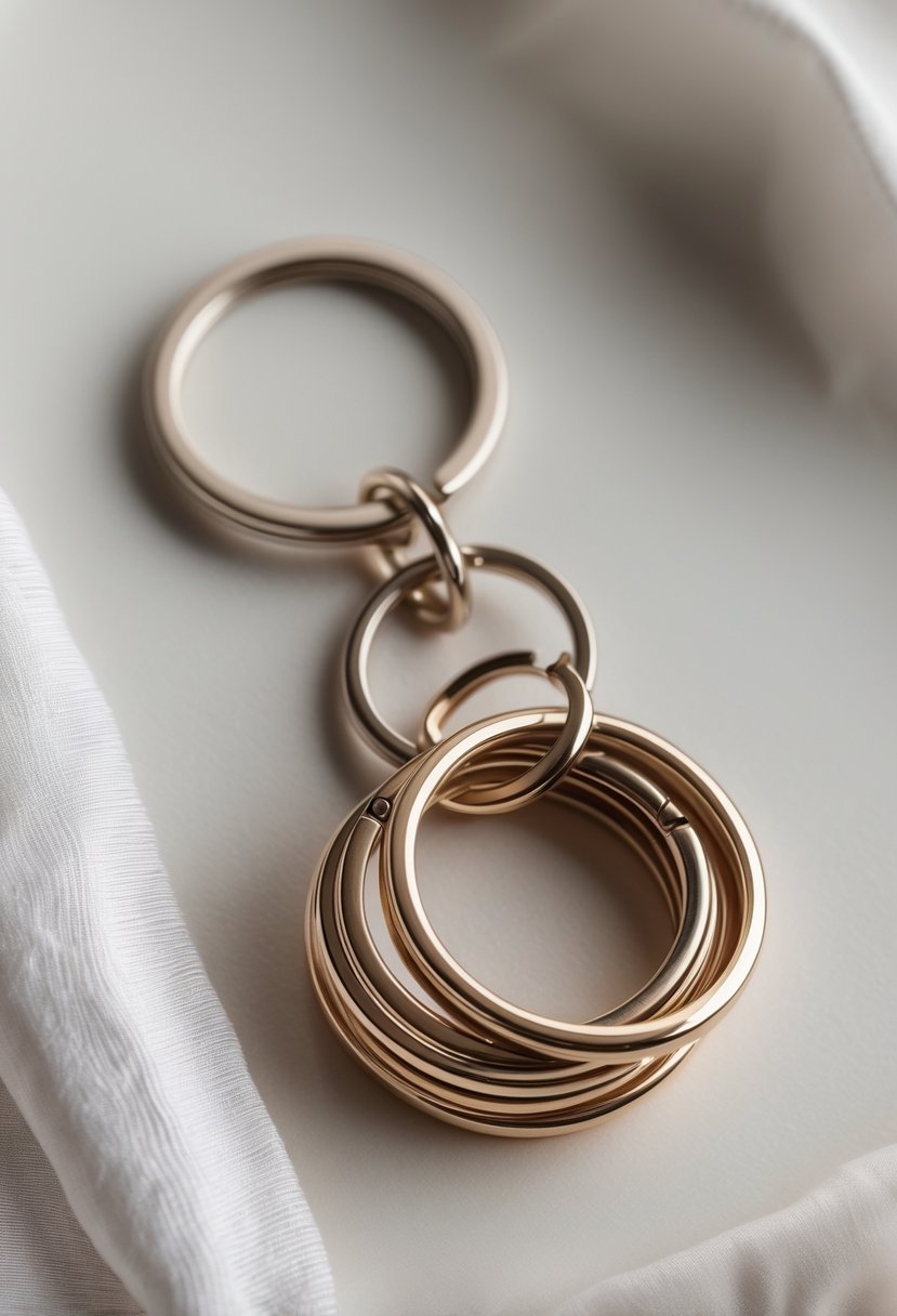 A close-up of a keychain made from old wedding rings arranged on a plain background.