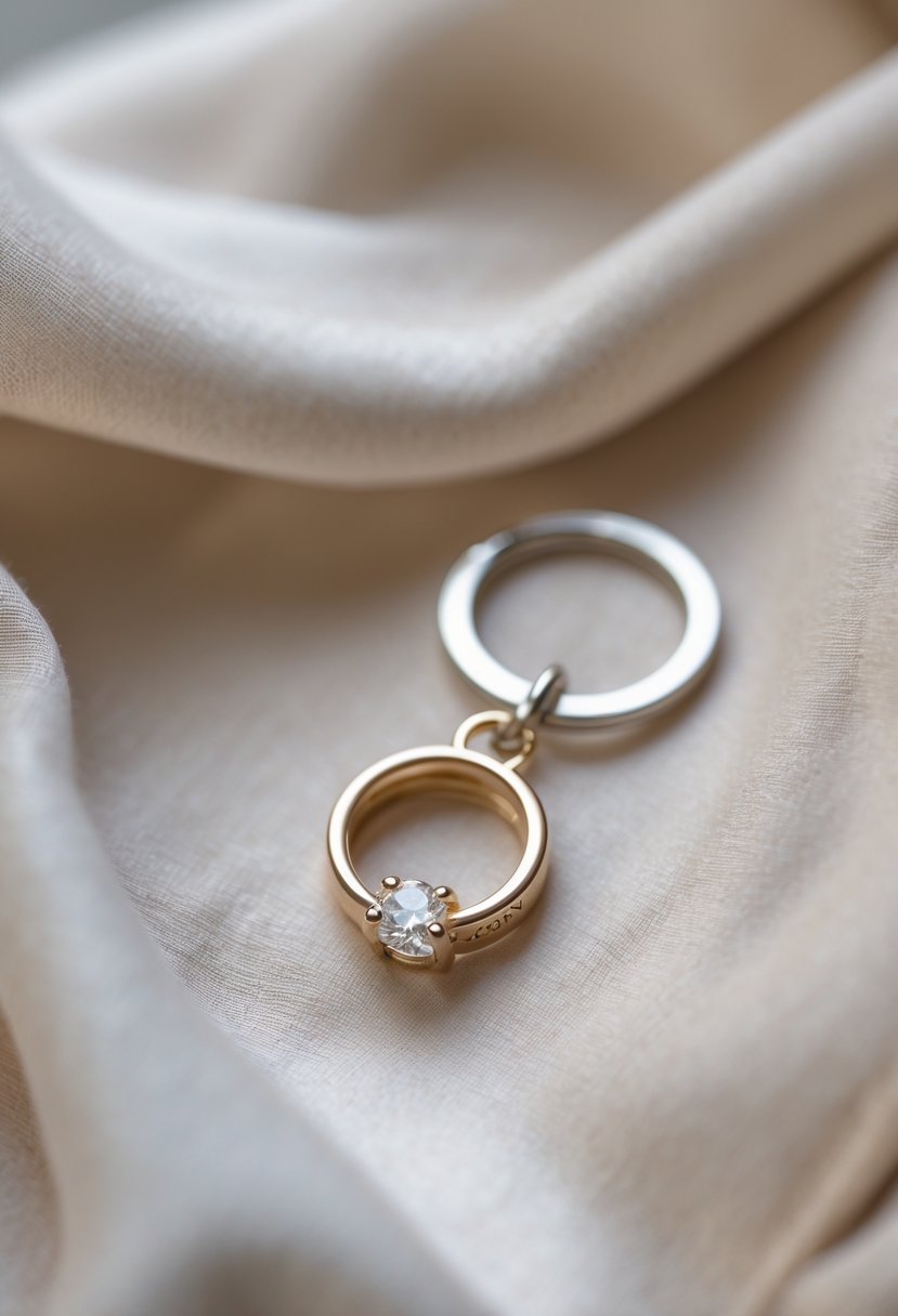 Close-up of a keychain made from a repurposed wedding ring resting on a soft surface.