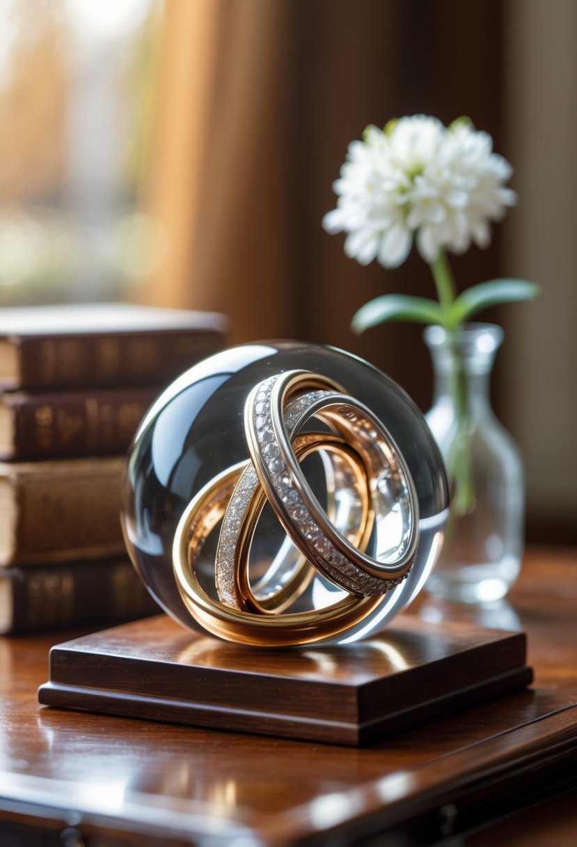 A decorative paperweight made from old wedding rings placed on a wooden desk beside books and a small vase with a white flower.