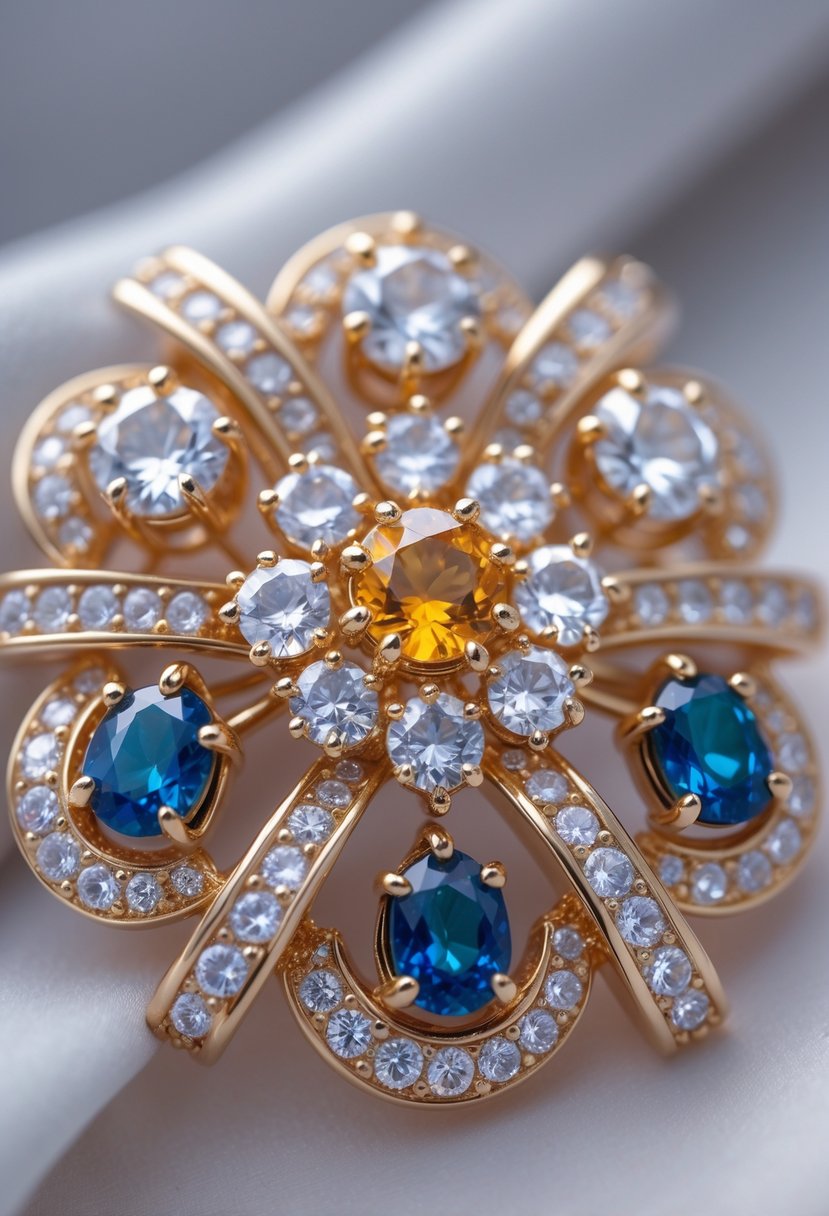 Close-up of a custom-made brooch with embedded gemstones crafted from old wedding rings.