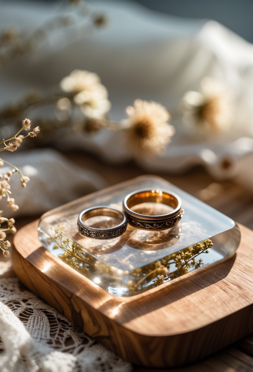A clear resin coaster with old wedding rings embedded inside, placed on a wooden surface with dried flowers and lace nearby.