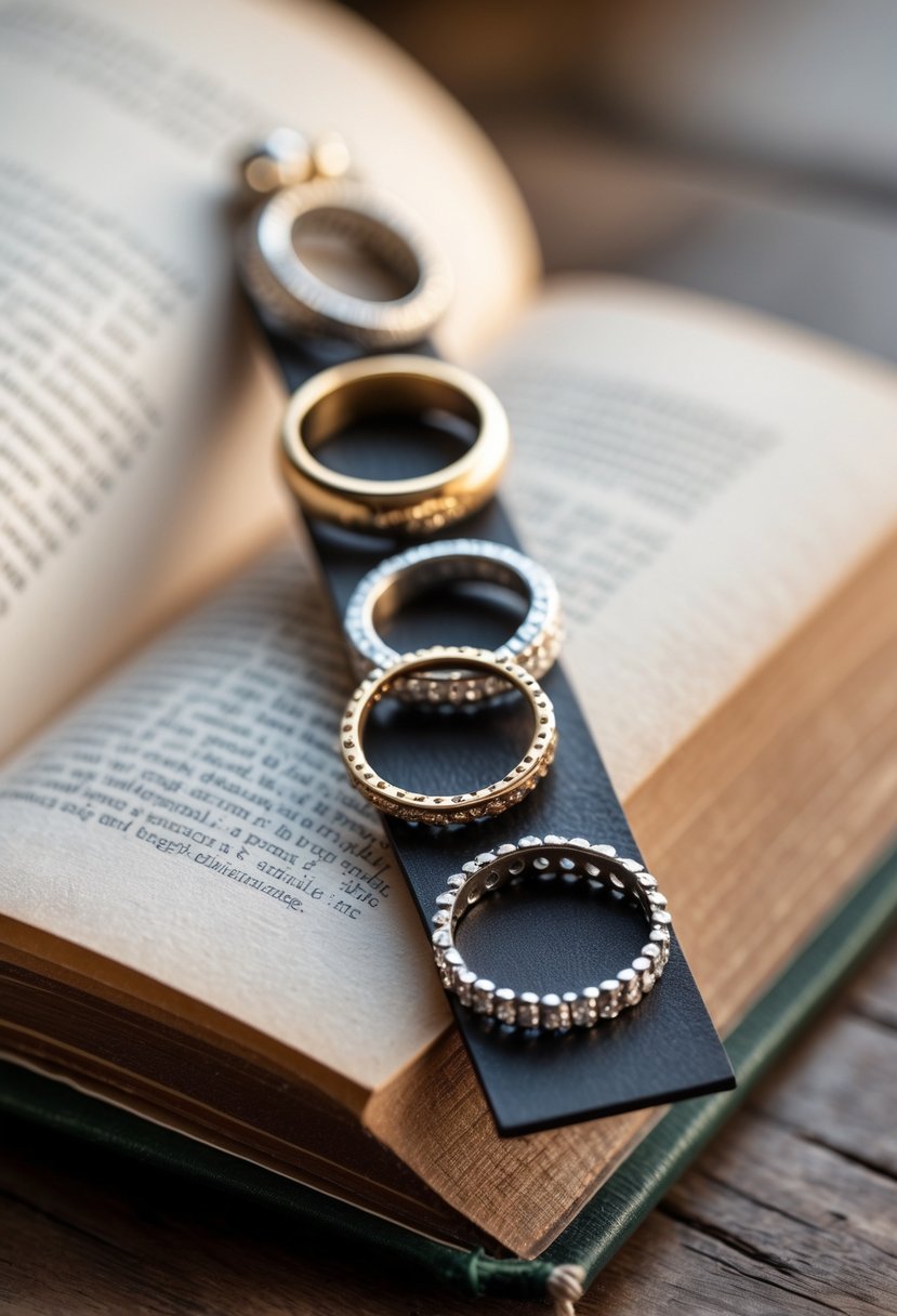 A personalized bookmark made by linking old wedding rings, resting on an open book on a wooden surface.