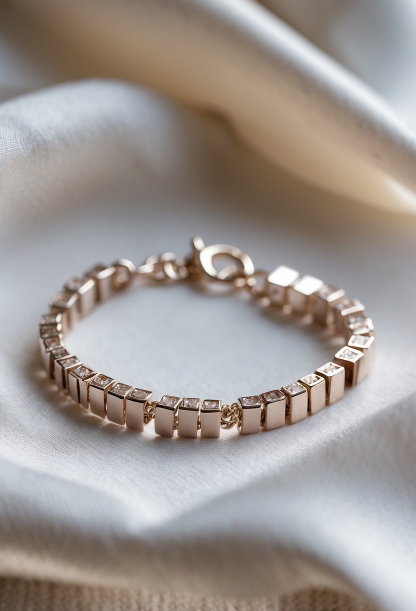 A close-up view of a delicate bracelet made from segments of an old wedding ring band resting on soft fabric.