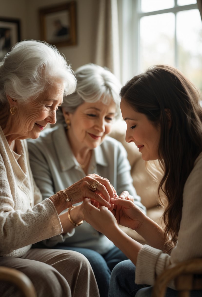Three generations of a family passing down a vintage wedding ring in a cozy living room.