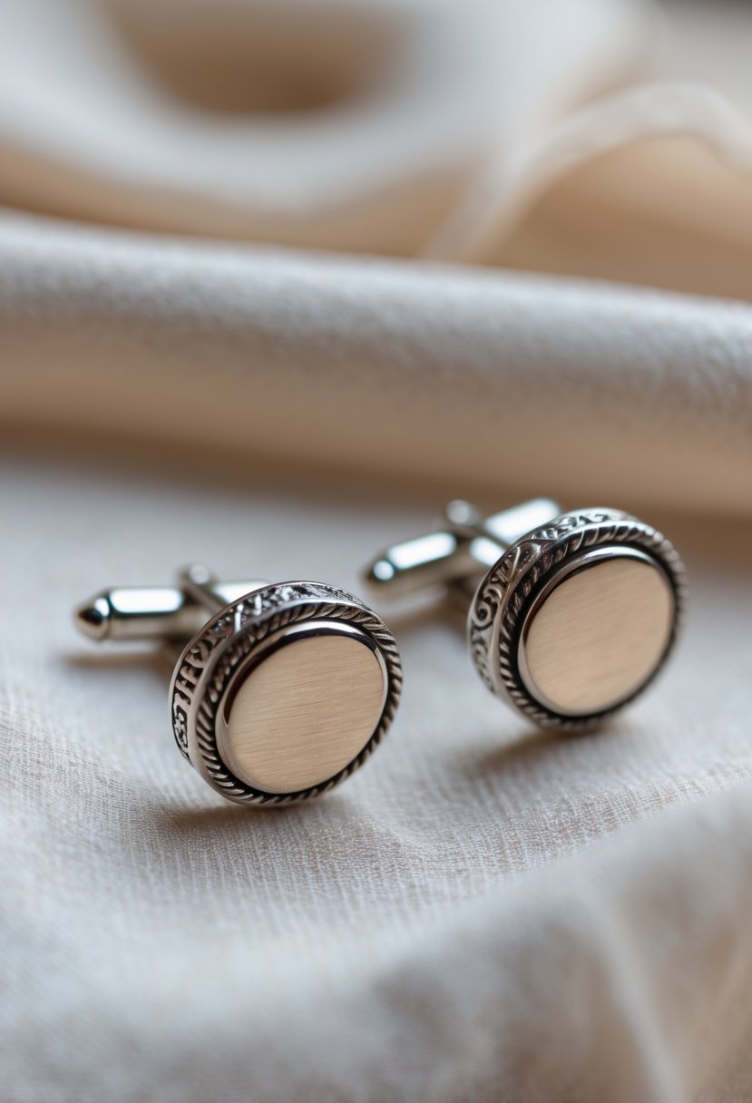 A close-up of a pair of cufflinks made from old wedding rings placed on soft fabric.