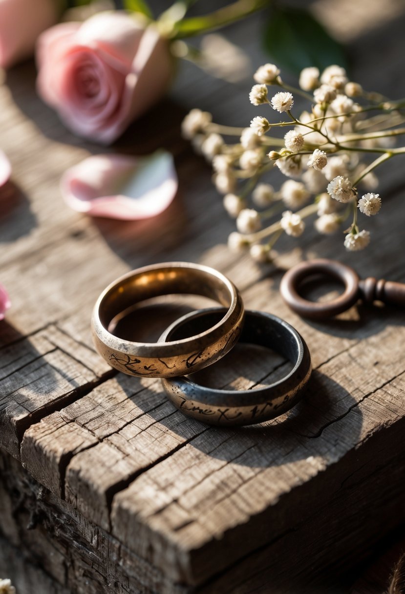 Two old wedding rings on a wooden surface surrounded by rose petals, a vintage key, and small white flowers.