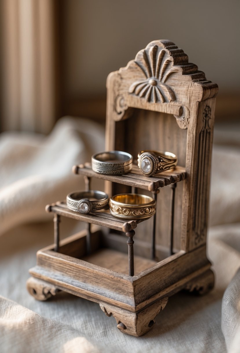 A wooden ring holder displaying several old wedding rings on pegs against a softly blurred background.