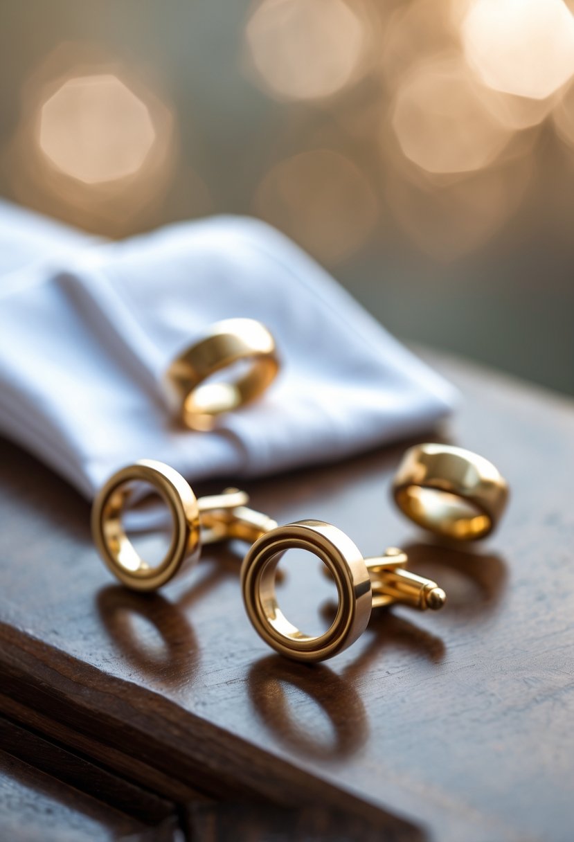 Close-up of a pair of gold cufflinks made from old wedding rings resting on a wooden surface next to a white dress shirt cuff.