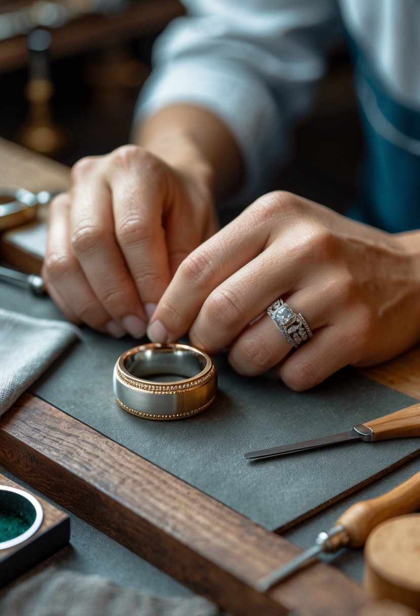 Close-up of a jeweler crafting a two-tone wedding ring combining old and new metals on a workbench.